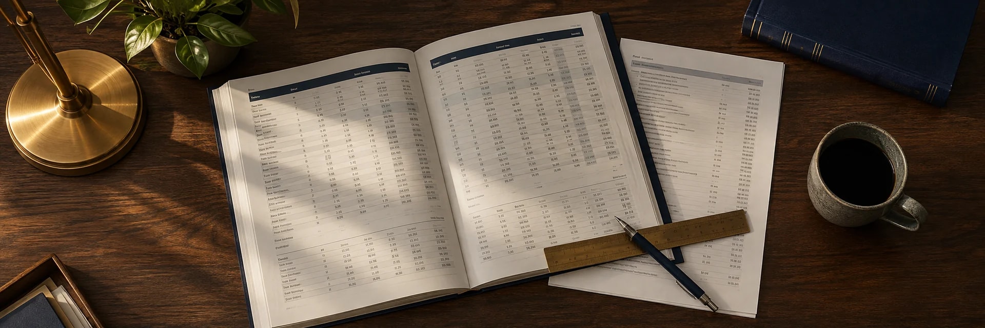 Editorial overhead photograph of a dark walnut desk in warm low-angle light. A thick navy-bound annual report lies open flat at the center of the frame, both pages filled with dense financial tables whose figures read as texture rather than legible type. Two loose typed sheets are stacked to the right of it, the top one carrying a heading block and two narrow columns of figures. A brass ruler and a navy mechanical pencil lie across those sheets at an angle. A stoneware mug of black coffee sits at the right edge, a navy hardback at the upper right, and a brass lamp base with a small potted plant at the upper left. A framed print and a low stack of papers sit at the lower left corner.