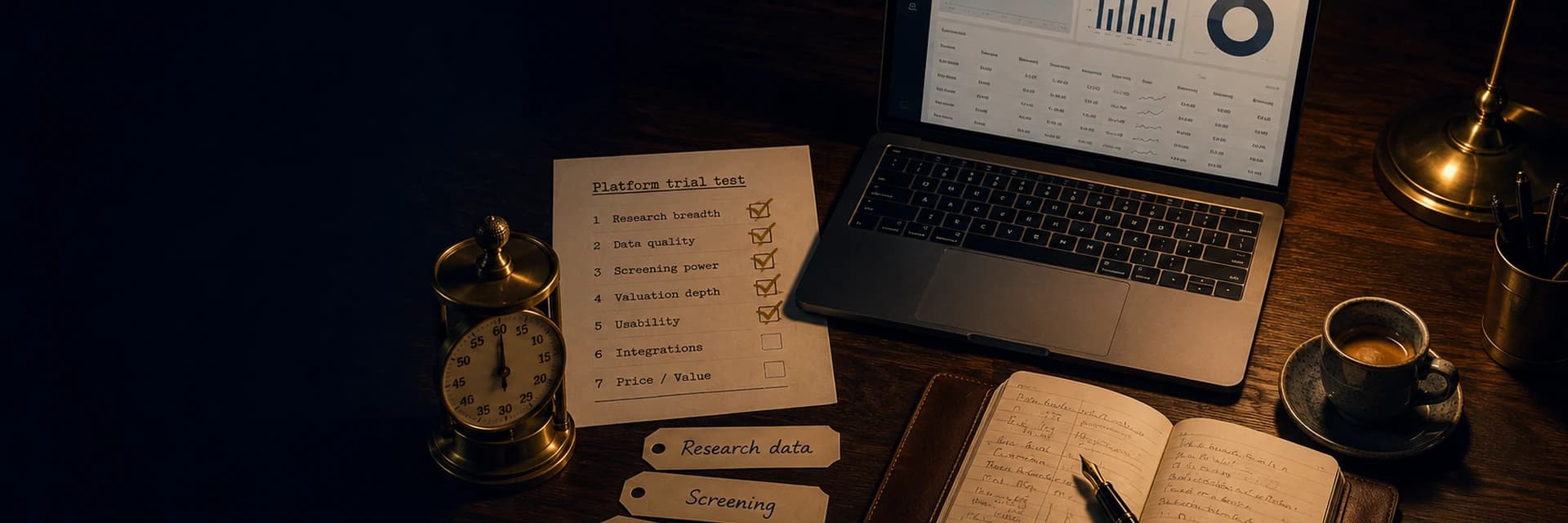 Cinematic low-key editorial photograph of a dark walnut analyst desk lit by a single brass desk lamp, in warm-amber and deep-navy chiaroscuro. An open laptop on the right glows with a generic stock-analysis dashboard of line charts, a donut chart, and a data table. To its left, a handwritten worksheet headed 'Platform trial test' lists seven numbered steps with several ticked in brass-tone ink. A brass mechanical timer stands beside the worksheet, and two paper tabs labelled 'Research data' and 'Screening' lie in front of it. An open notebook with a fountain pen and a ceramic espresso cup sit to the right, all set against deep shadow in warm wood, brass, and paper-cream tones.