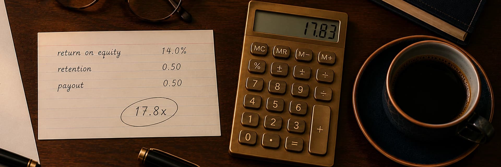 Editorial overhead photograph of a dark wooden desk in warm lamplight. A ruled index card fills the left of the frame, handwritten in three rows with the label and its value on the same line: return on equity 14.0 percent, retention 0.50, and payout 0.50, with 17.8x circled beneath them. Round tortoiseshell reading glasses sit above the card, partly out of frame, and a black fountain pen with a gold nib lies below it beside its separately placed cap. The edge of a printed worksheet shows at the far left. A brass desk calculator stands at the center right with 17.83 on its display. To its right a dark ceramic coffee cup with a copper rim rests on a matching saucer, and a closed dark leather notebook fills the top right corner.
