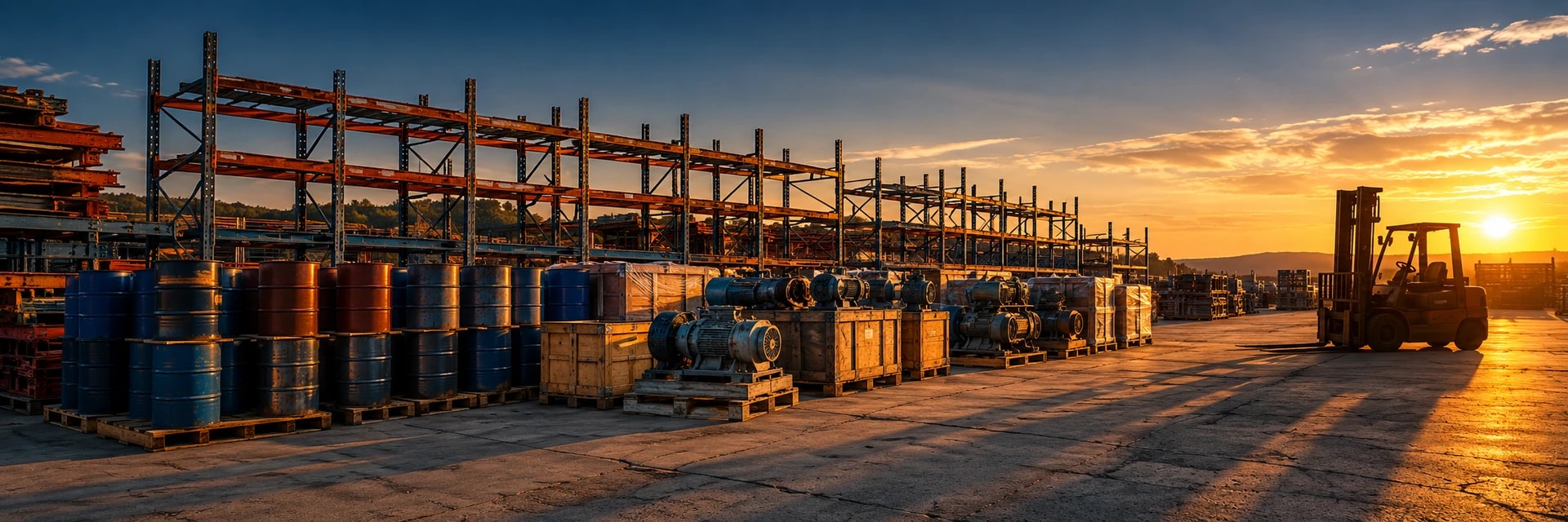 Editorial photograph of an outdoor industrial yard at sunset, in a wide panoramic frame. On the left, blue and dark red steel drums stand stacked two and three high on wooden pallets. Beside them, electric motors and pumps sit on pallets and in open wooden crates, with shrink-wrapped pallet loads receding into the distance. A long run of rust-red and weathered steel pallet racking stands empty above them against a deep navy sky that grades to amber toward the horizon. The low sun sits at the right, throwing long shadows across a cracked concrete apron, and an idle forklift stands in silhouette against it. No people, signage or legible lettering appear anywhere in the frame.