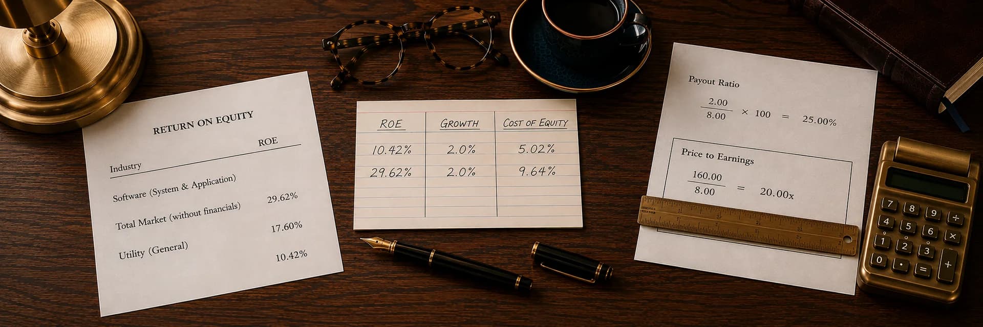 Editorial overhead photograph of a dark wooden desk in warm lamplight. The brass base of a desk lamp fills the top left corner. Below it a printed sheet is headed RETURN ON EQUITY above a right-hand column headed ROE, listing three rows: Software (System & Application) at 29.62 percent, Total Market (without financials) at 17.60 percent, and Utility (General) at 10.42 percent. Folded tortoiseshell reading glasses lie at the top center, beside a dark ceramic coffee cup with a copper rim resting on a matching saucer. A lined index card sits at the center, ruled into three handwritten columns headed ROE, GROWTH and COST OF EQUITY, with 10.42 percent, 2.0 percent and 5.02 percent on the first row and 29.62 percent, 2.0 percent and 9.64 percent on the second. An uncapped black fountain pen with a gold nib lies below the card, its cap set down separately to the right. On the right a printed worksheet is headed Payout Ratio and works dividends per share over earnings per share times one hundred, then 2.00 over 8.00 times one hundred, to 25.00 percent. A boxed section beneath it is headed Price to Earnings and works price per share over earnings per share, then 160.00 over 8.00, to 20.00 times. A brass ruler lies across the lower edge of that worksheet. A brass desk calculator sits at the right edge and a closed dark leather notebook fills the top right corner.