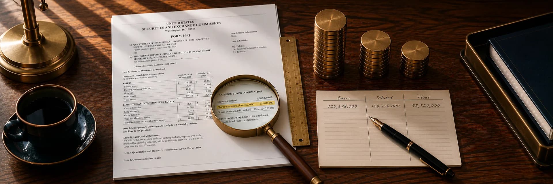 Editorial overhead photograph of a wooden desk with a printed SEC Form 10-Q cover page, its shares-outstanding line highlighted beneath a brass magnifying glass, three stacks of brass counters of clearly different heights, a handwritten ledger card with columns labeled basic, diluted, and float, a brass ruler, a fountain pen, and a dark ceramic coffee cup on a saucer, in warm wood, navy and brass tones