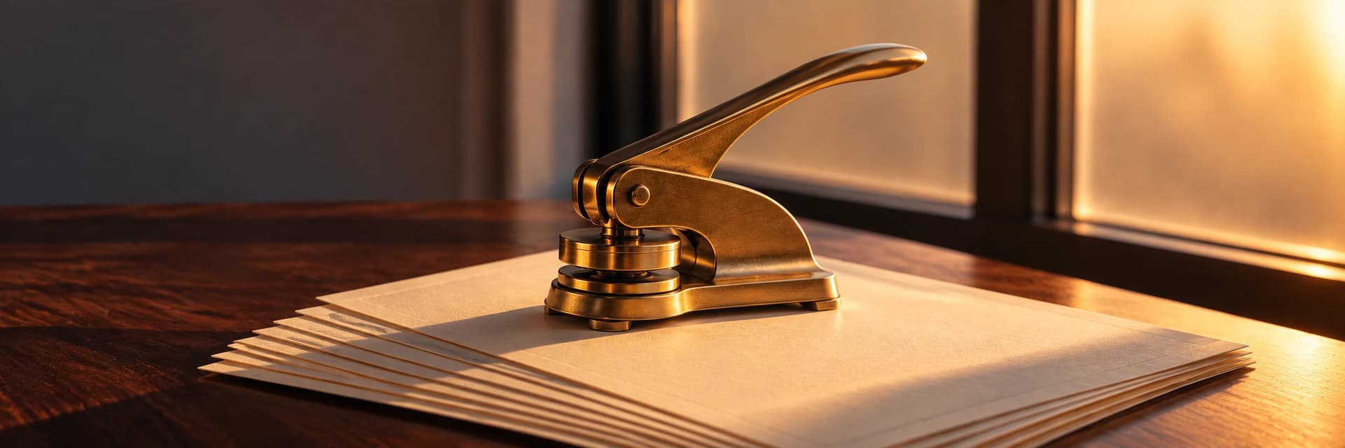 Editorial close-up photograph of a brass embossing seal press, centered on a fanned stack of blank cream paper on a dark walnut table. Low amber light from a window on the right casts the press's long shadow across the paper, and the window behind falls into a featureless warm blur. No people, hands, lettering, seal impressions or logos appear anywhere in the frame.