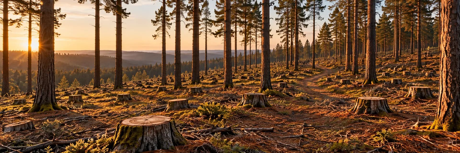 Editorial photograph at golden hour of a thinned pine forest on a slope. Tall, straight trunks stand among many low cut stumps with pale rings, some of them mossy, and the standing trees grow denser toward the right of the frame. Rust-colored needles and fallen branches cover the forest floor, and a dirt track curves away into the trees. Low sun from the left shines from behind the trunks, and hazy forested hills fill the distance. No people, no machinery and no legible lettering appear anywhere in the frame.