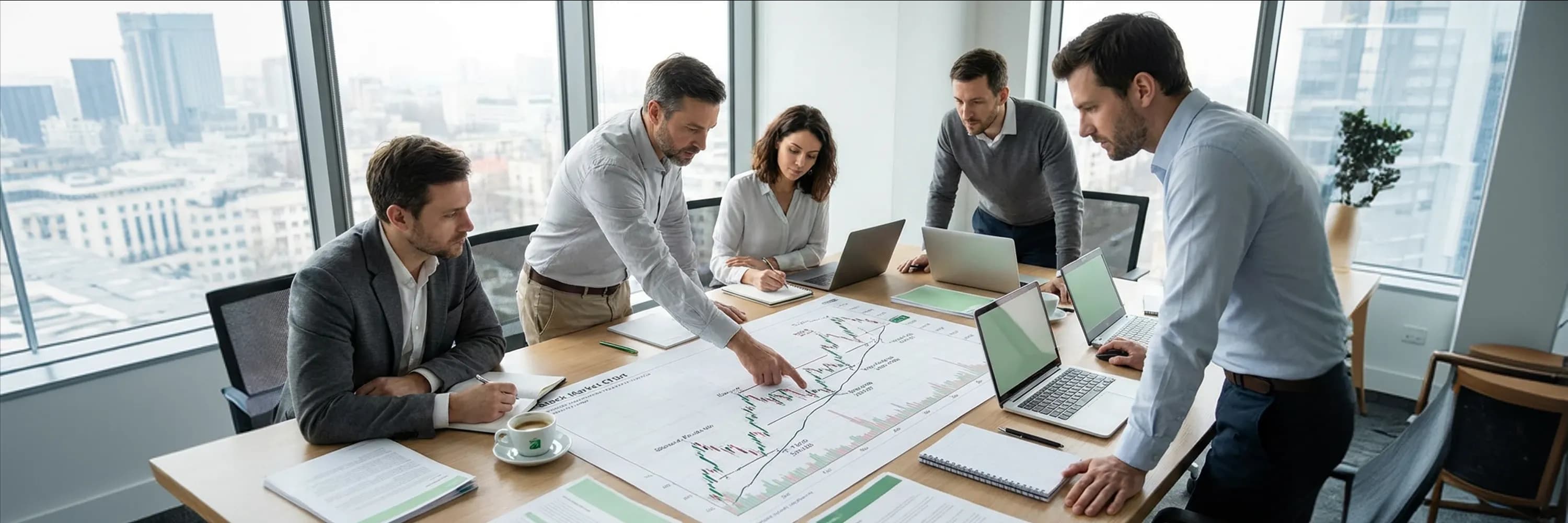 Business team analyzing financial charts and market growth data during a strategy meeting in a modern office