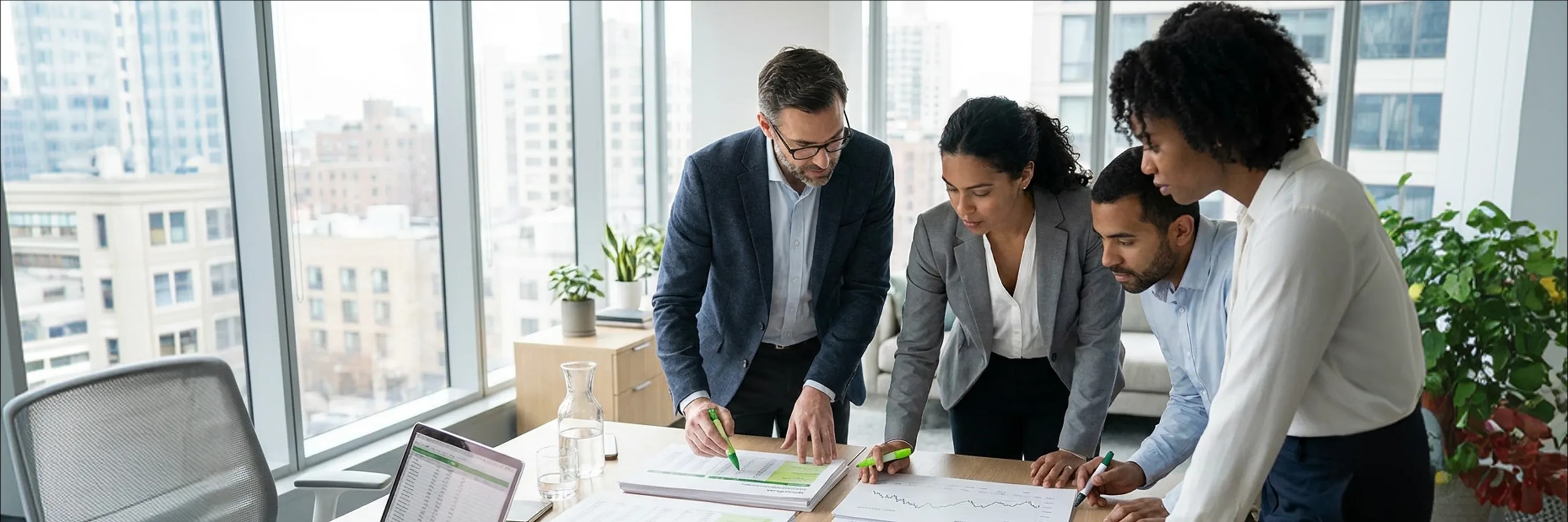 Business professionals collaborating on financial reports and data analysis during a corporate strategy meeting