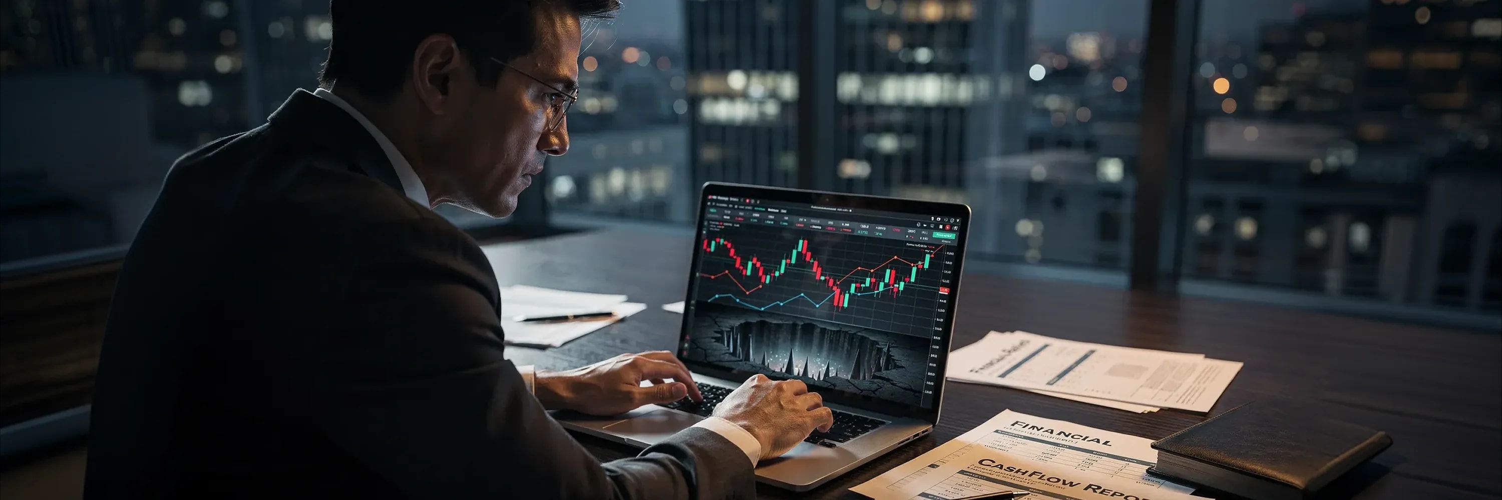 An investment analysis dashboard displays valuation metrics, revenue growth trends, and an overall performance score to support data-driven investment decisions