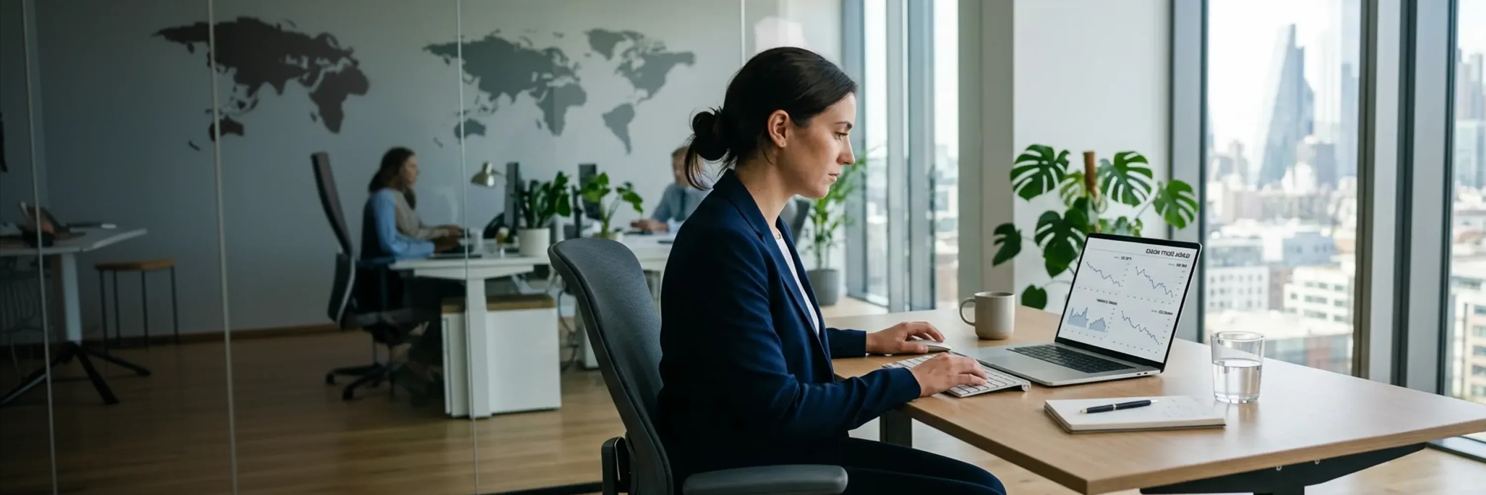 Business analyst working on laptop with financial data dashboard in modern office, analyzing charts and performance metrics in a corporate environment.