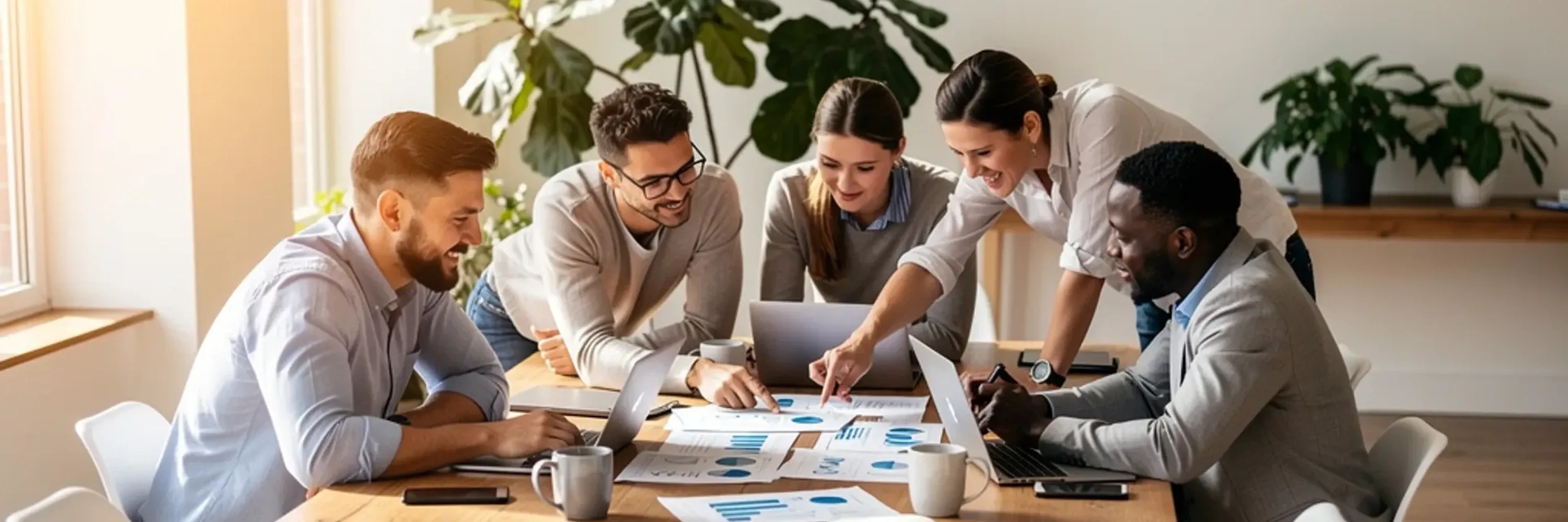 Business analyst working on laptop with financial data dashboard in modern office, analyzing charts and performance metrics in a corporate environment.
