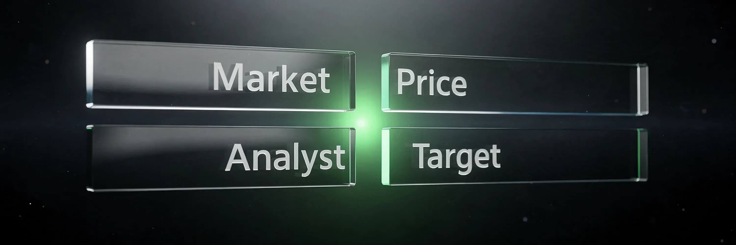 Futuristic glass panels displaying 'Market Price' and 'Analyst Target' in white text against a dark background with glowing green accents, representing stock valuation concepts