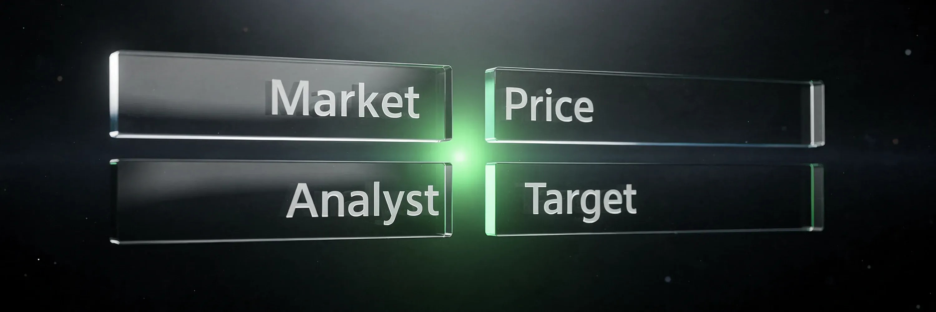 Futuristic glass panels displaying 'Market Price' and 'Analyst Target' in white text against a dark background with glowing green accents, representing stock valuation concepts