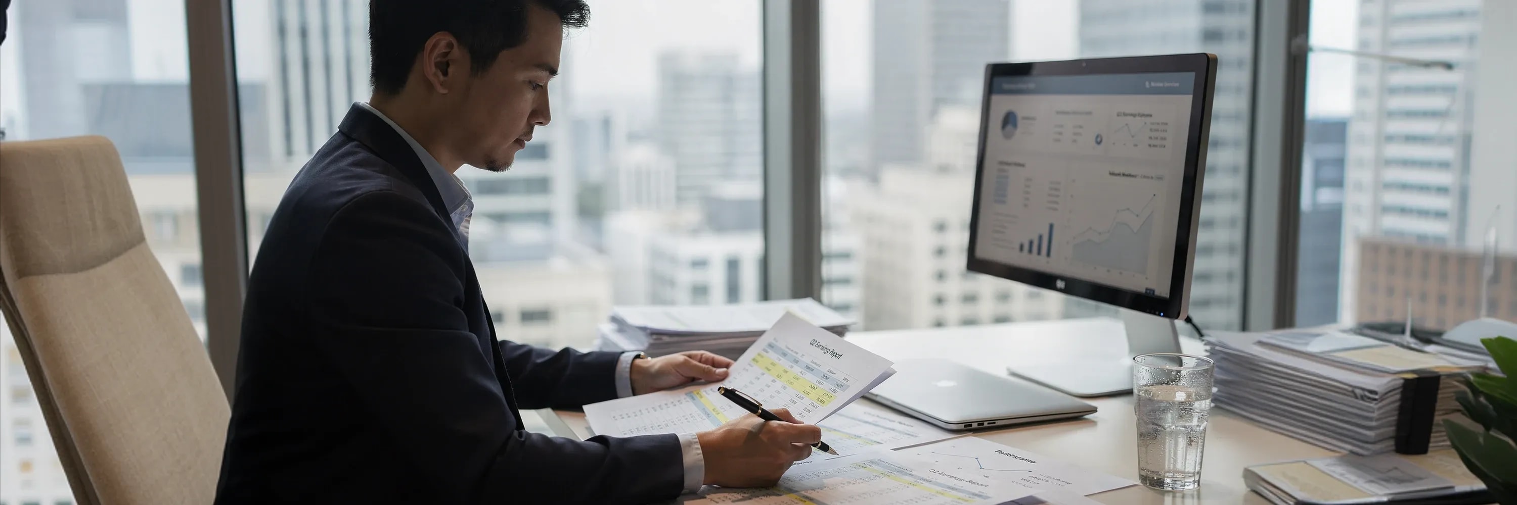 Business analyst reviewing financial reports and performance metrics on paper while analyzing data dashboards on a desktop monitor in a modern office