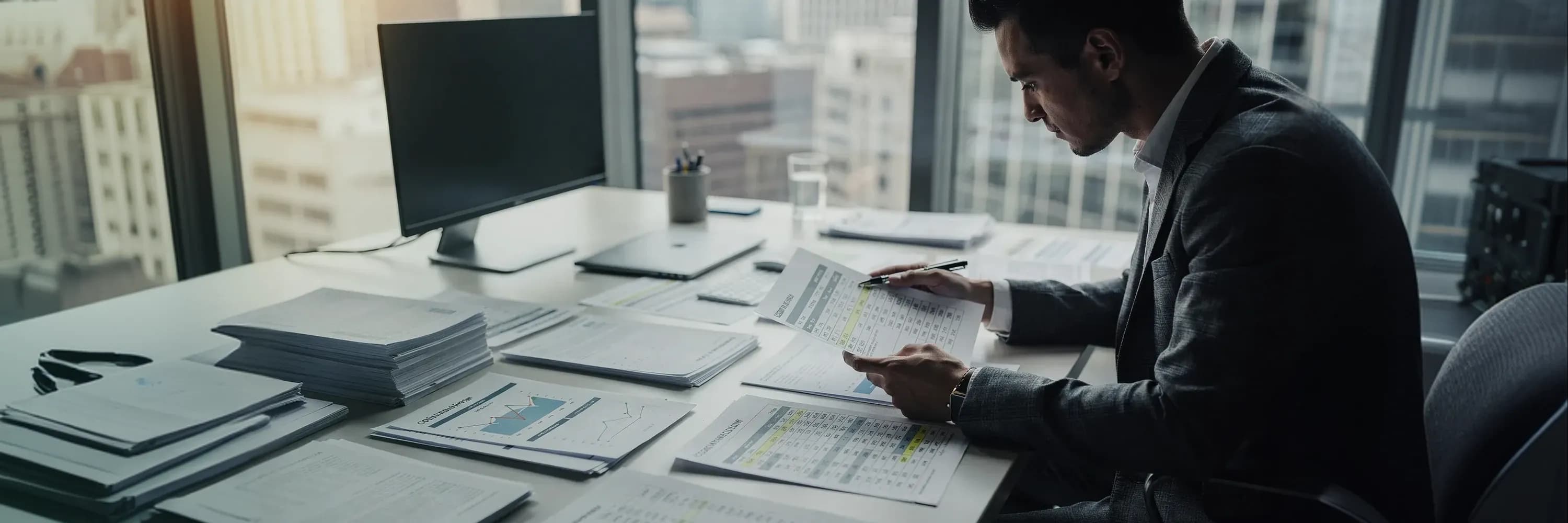 Financial analyst reviewing investment reports and performance charts at desk in modern office with city view