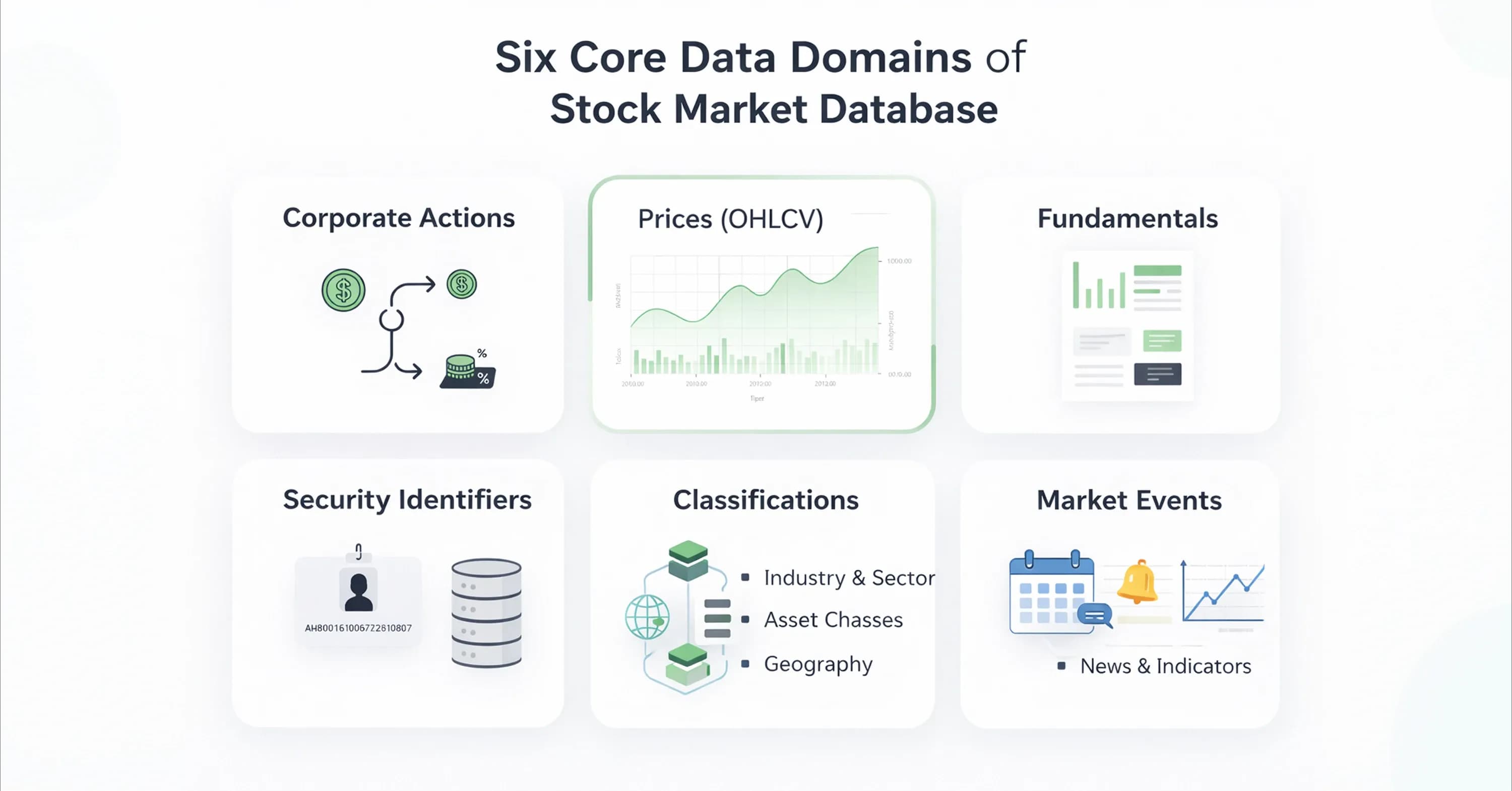 Infographic outlining six core data domains of a stock market database, including corporate actions, OHLCV prices, fundamentals, security identifiers, classifications, and market events
