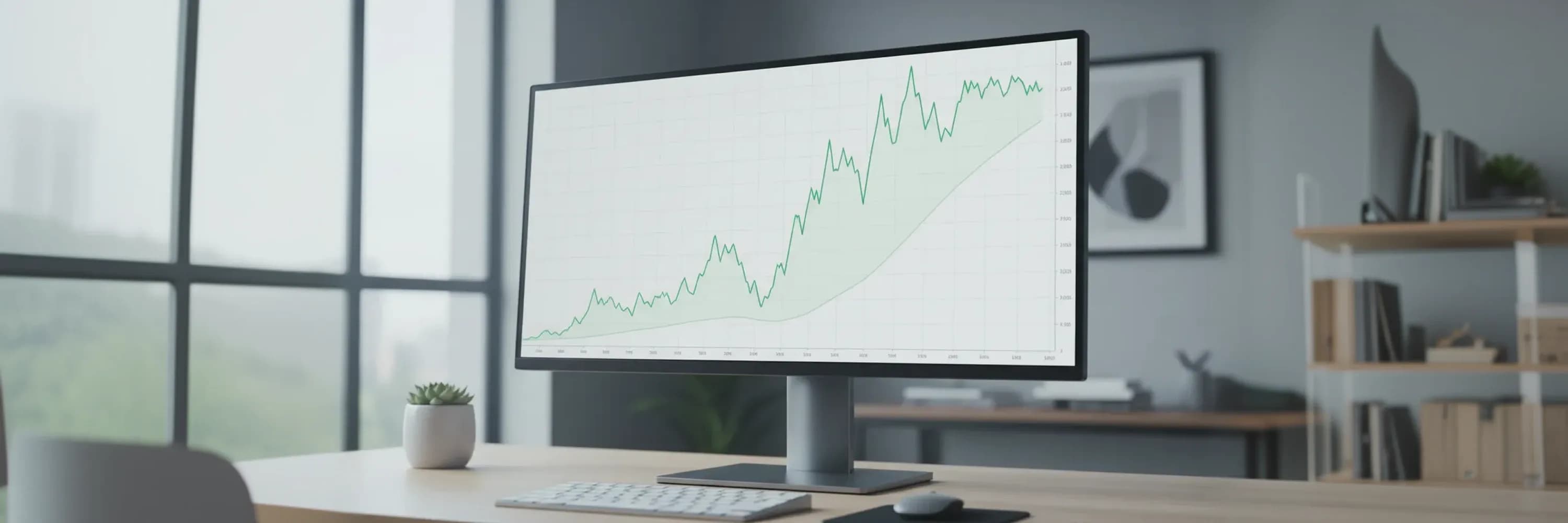 A modern office workspace featuring a monitor displaying an upward financial growth chart and business analytics data