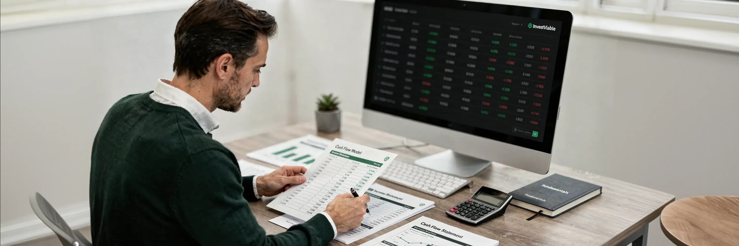 A financial analyst reviews cash flow statements and investment performance data on a desktop dashboard to evaluate company valuation and financial health
