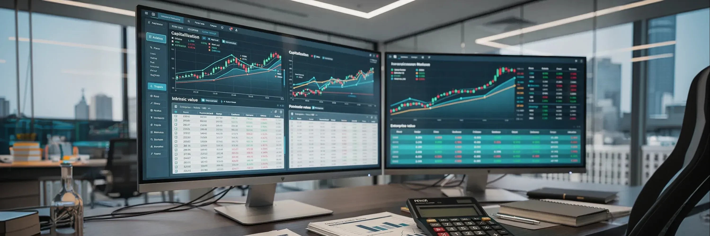Dual monitor setup displaying financial analytics dashboards with stock market charts, candlestick patterns, intrinsic value calculations, and real-time trading data on a professional trader's desk.