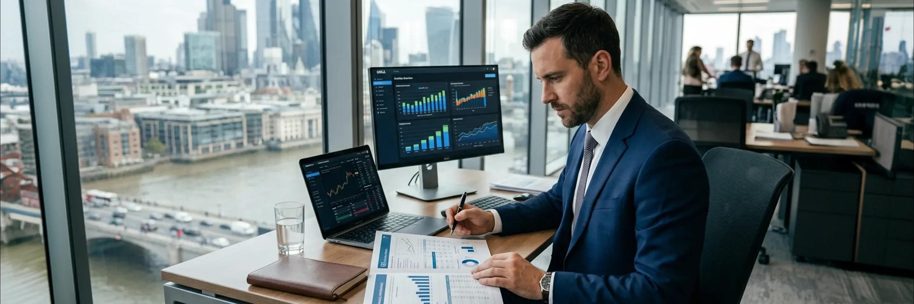 Financial analyst reviewing market data, stock charts, and investment reports on multiple screens in a modern office overlooking a city