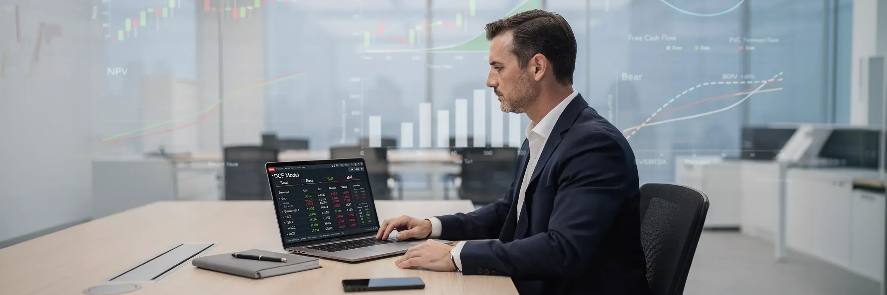 A financial analyst reviews a DCF valuation model on a laptop with investment charts and cash flow projections displayed in a modern office setting
